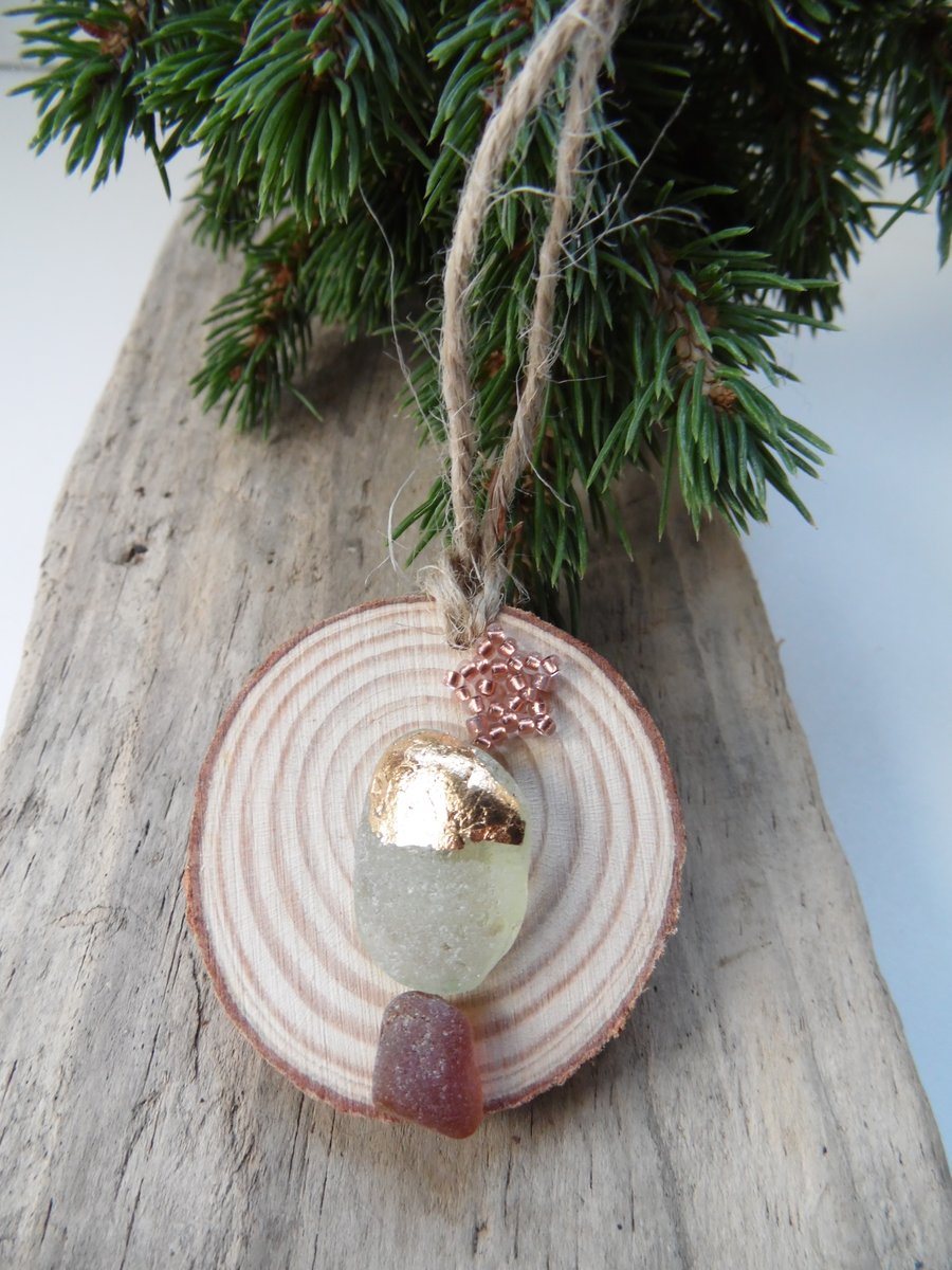 Sea Glass Gold Foil Christmas Tree Copper Beaded Star Christmas Decoration T082