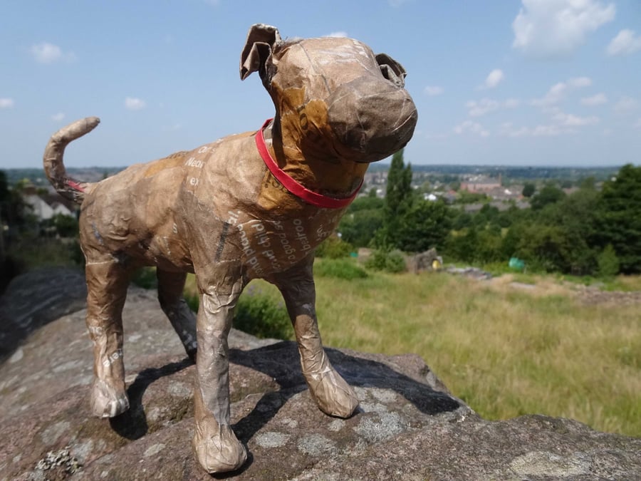 Jeff, the papier mâché dog, recycled and eco-friendly