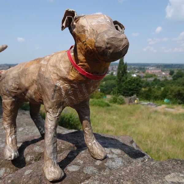 Jeff, the papier mâché dog, recycled and eco-friendly