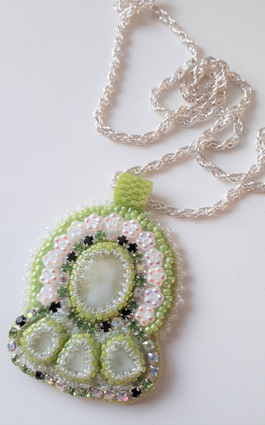 Bead embroidered Green West German Glass cabochons pendant on silver tone chain