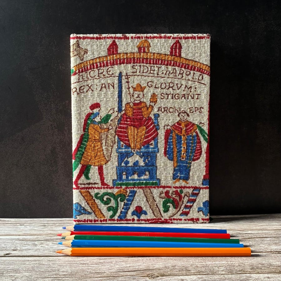 Bayeux Tapestry Handstitched A5 1950s Fabric Journal Notebook Harold Rex Blue