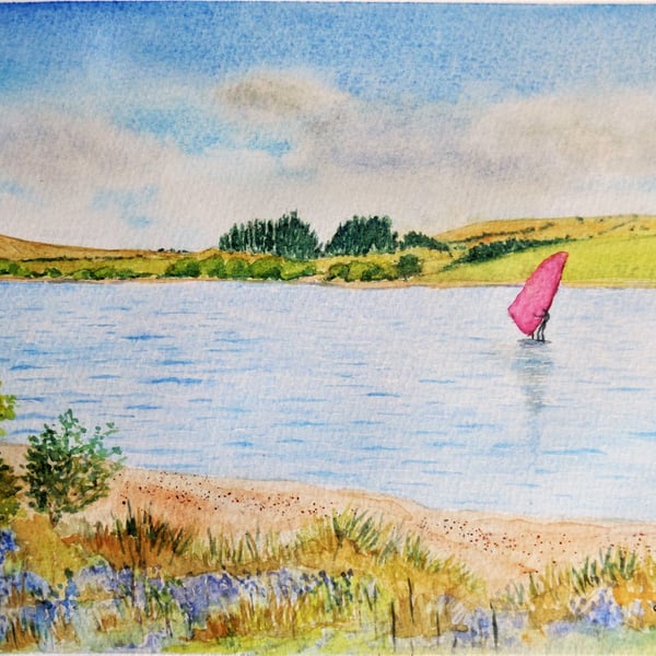 Original watercolour painting, Lone Windsurfer on Siblyback Lake, Cornwall. 
