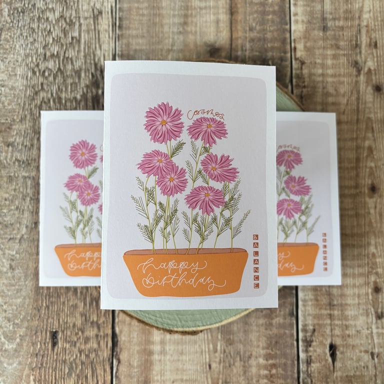 October Birth Flower Card, Cosmos, Birthday Card, Floral Greeting Cards, Botanic
