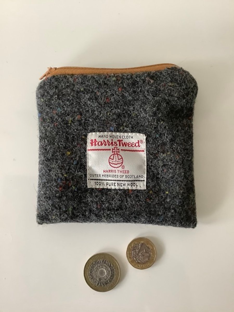 Grey Speckle Harris Tweed coin purse ,Zip pouch