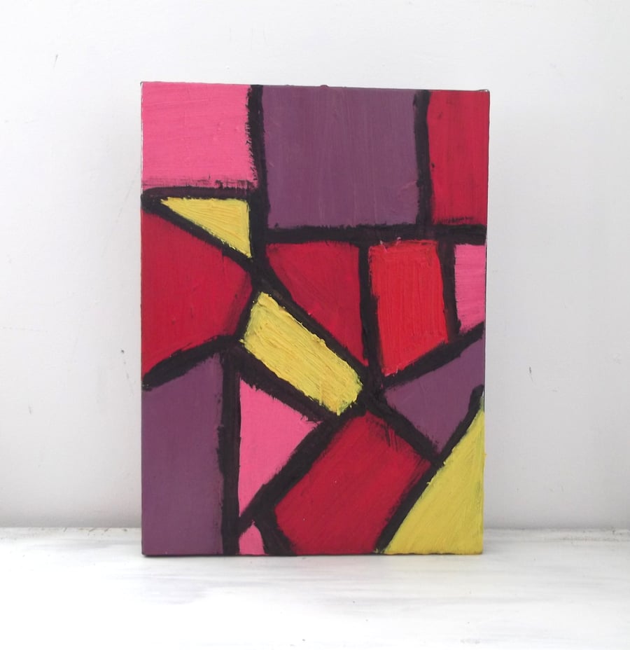 Small Geometric Abstract Bright Oil Painting. Pink, Red, Yellow Purple and Black