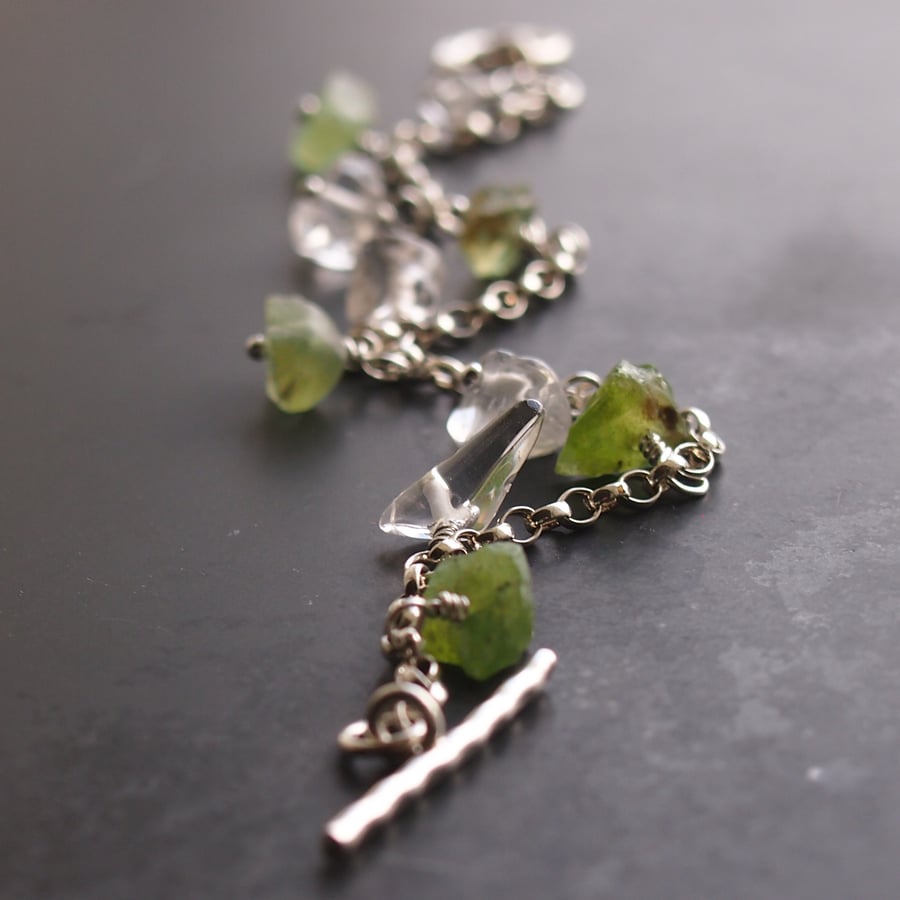 Sterling Silver Chain Bracelet with Quartz Crystal and Peridot