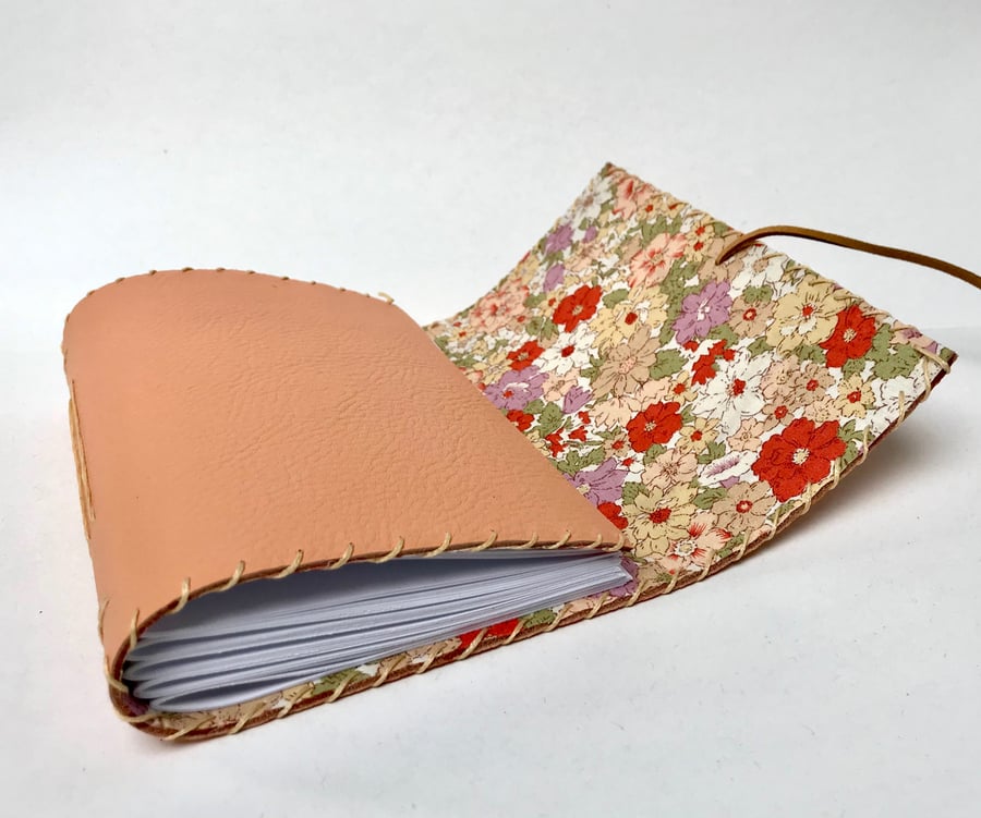 A6 Fold Over Peach Leather handmade notebook floral fabric lining  paper 