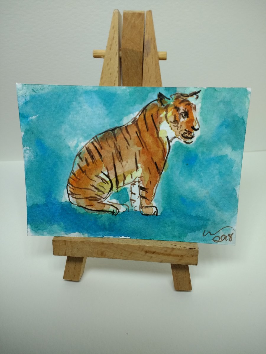 ACEO Animal Art Tiger Sit Original Watercolour & Ink Painting OOAK 