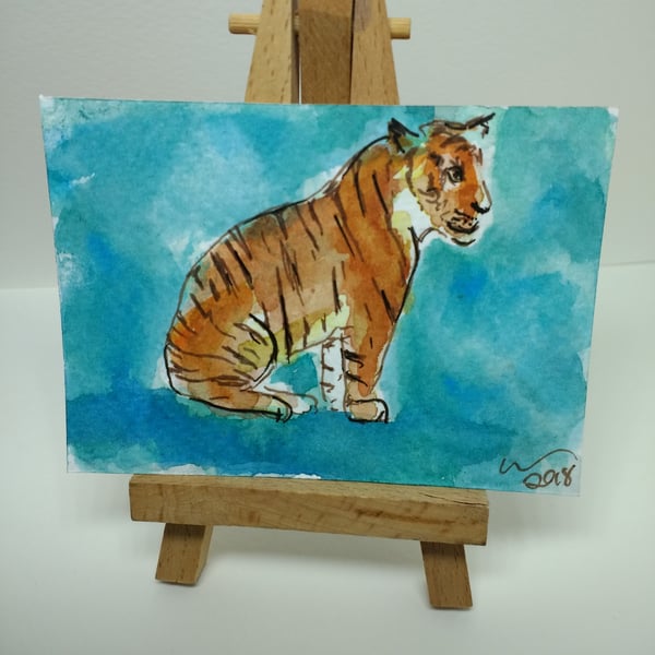 ACEO Animal Art Tiger Sit Original Watercolour & Ink Painting OOAK 