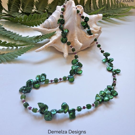 Keshi Pearl, Russian Diopside, Rare Rhodalite Garnet Sterling Silver Necklace 