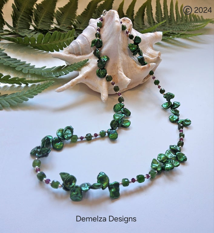 Keshi Pearl, Russian Diopside, Rare Rhodalite Garnet Sterling Silver Necklace 