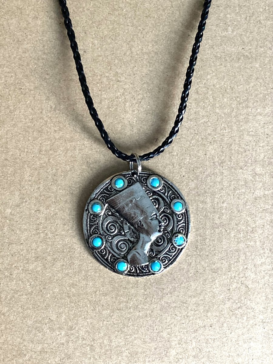 Upcycled Egyptian Revival Queen Nefertiti Medallion Pendant Necklace