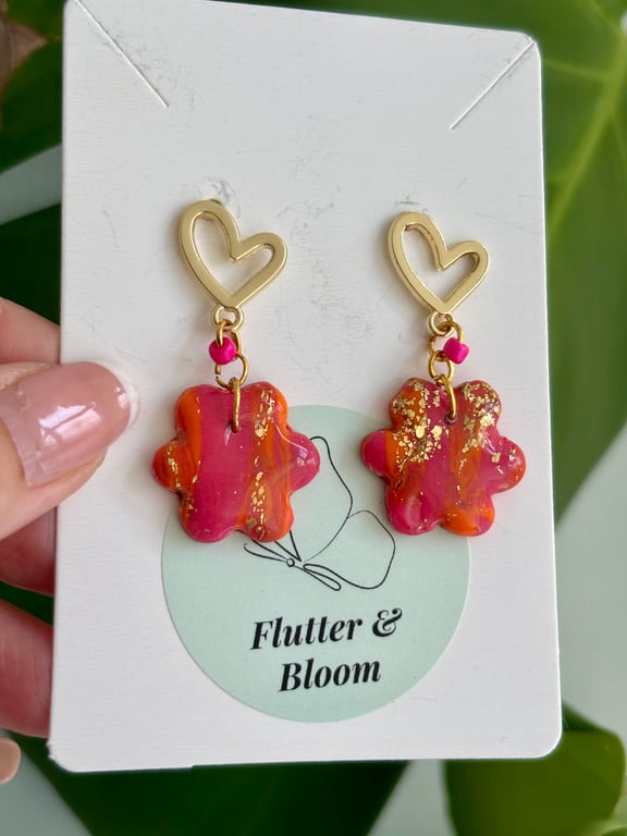 Wild Bloom - Marbled Heart & Flower Dangling Earrings in Sunset Tones