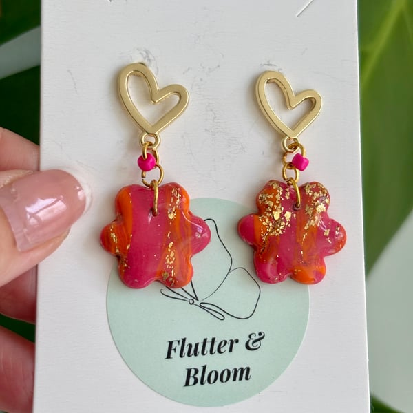 Wild Bloom - Marbled Heart & Flower Dangling Earrings in Sunset Tones