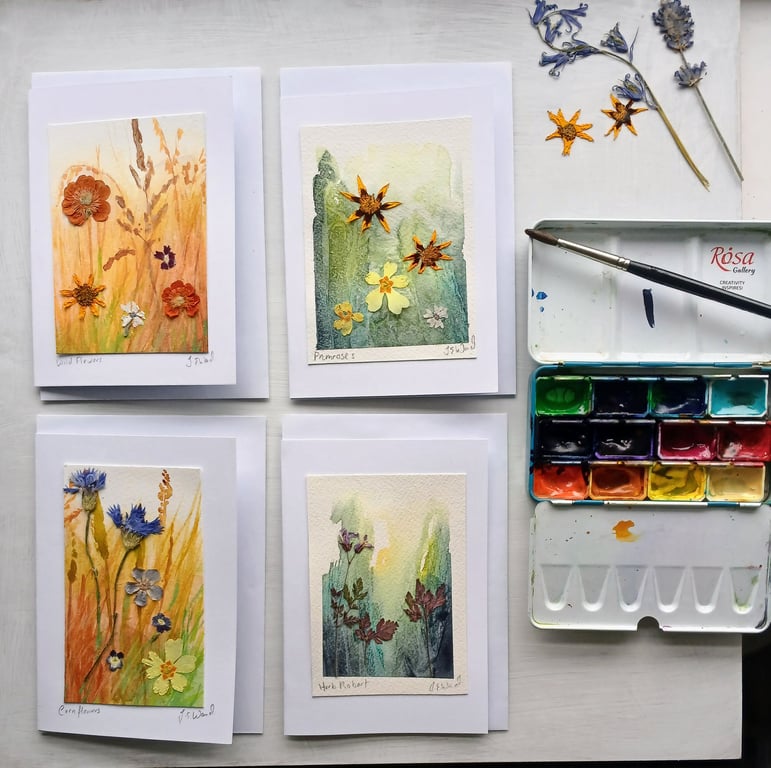 Watercolour and pressed flowers pack of Four cards 