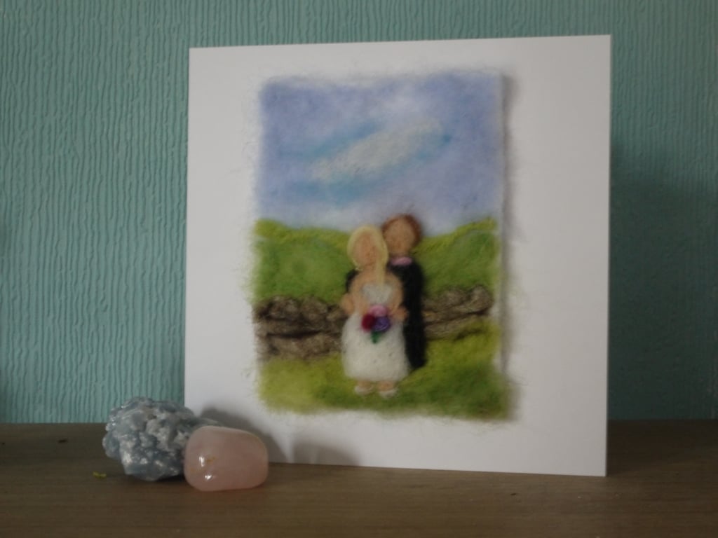 Handmade needle felted Wedding Couple greetings Card
