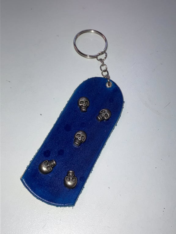 Blue dyed Leather Keyring on chain with 5 mini skull heads (free UK shipping)