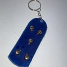 Blue dyed Leather Keyring on chain with 5 mini skull heads (free UK shipping)