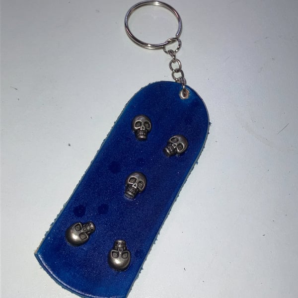 Blue dyed Leather Keyring on chain with 5 mini skull heads (free UK shipping)