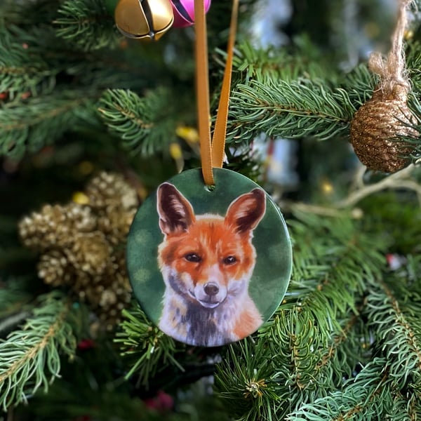 Ceramic Fox ornament - ceramic hanging, fox decoration, Christmas 