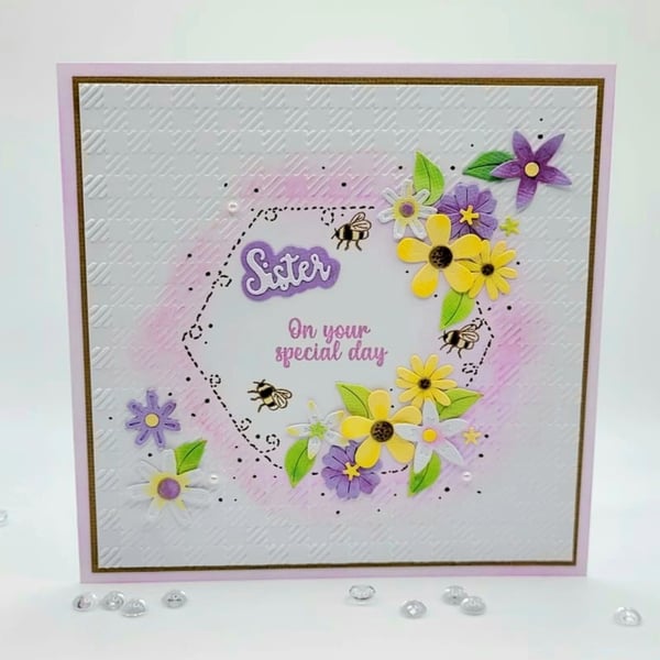 Sister Birthday Card - cards, embossed, floral, bee