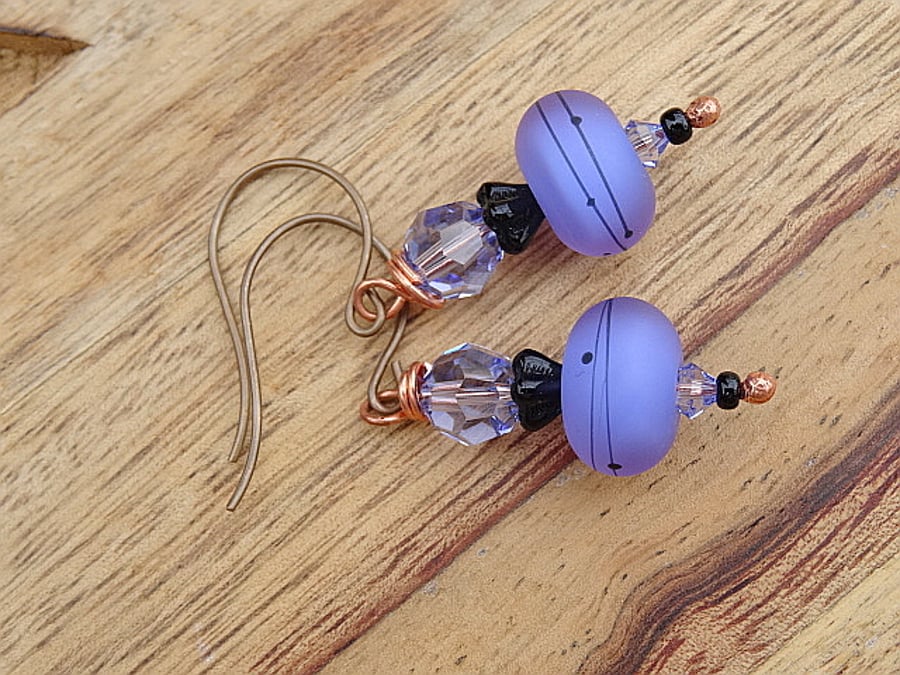 Lamp Work Glass and Crystal Earrings. Lilac Earrings. 