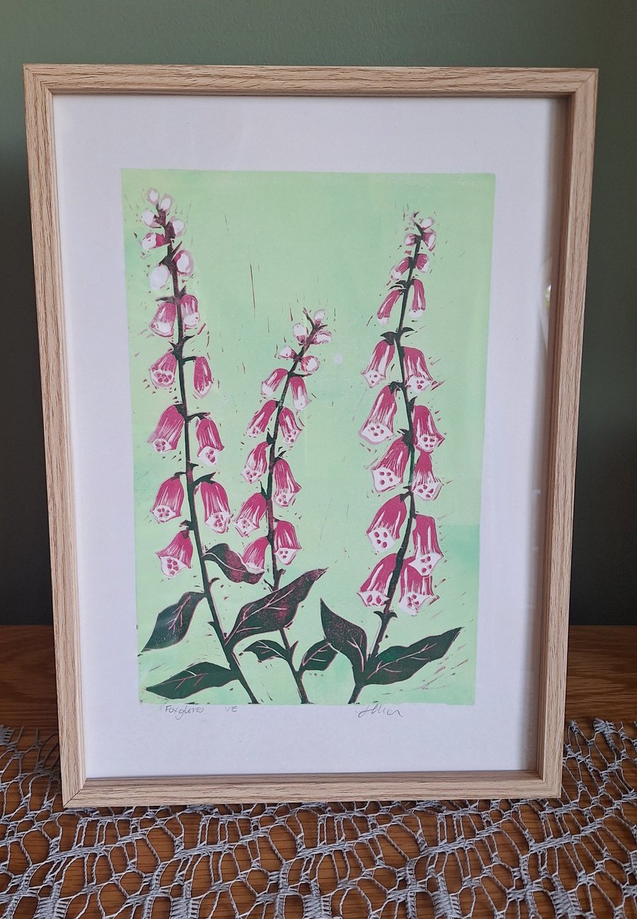 Image of 'Foxgloves' An original linoprint of foxgloves with a green background.
