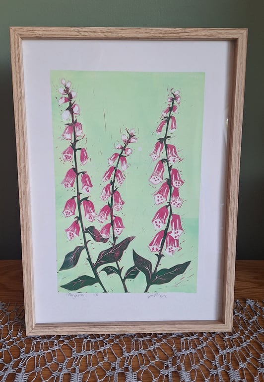 'Foxgloves' An original linoprint of foxgloves with a green background.