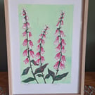 'Foxgloves' An original linoprint of foxgloves with a green background.