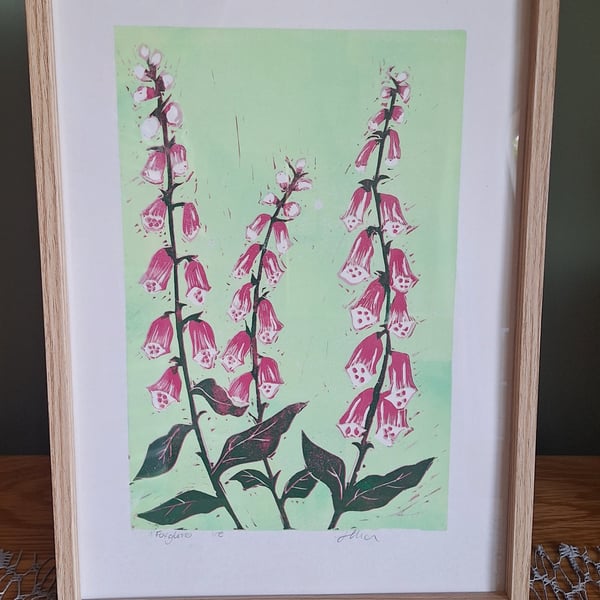 'Foxgloves' An original linoprint of foxgloves with a green background.