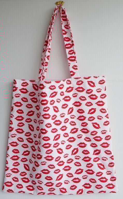 Kisses - Large Cotton Square Tote Bag with Red Lip Design