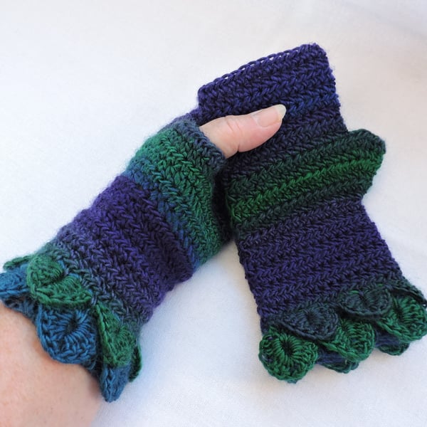 Fingerless Mitts with Dragon Scale Cuffs Purple Emerald Green  Blue
