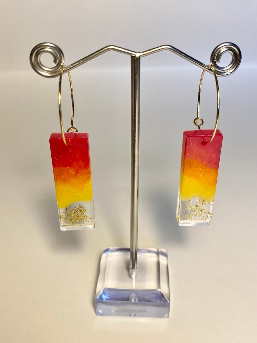 Handmade sunset resin and gold glitter rectangle hoop earrings