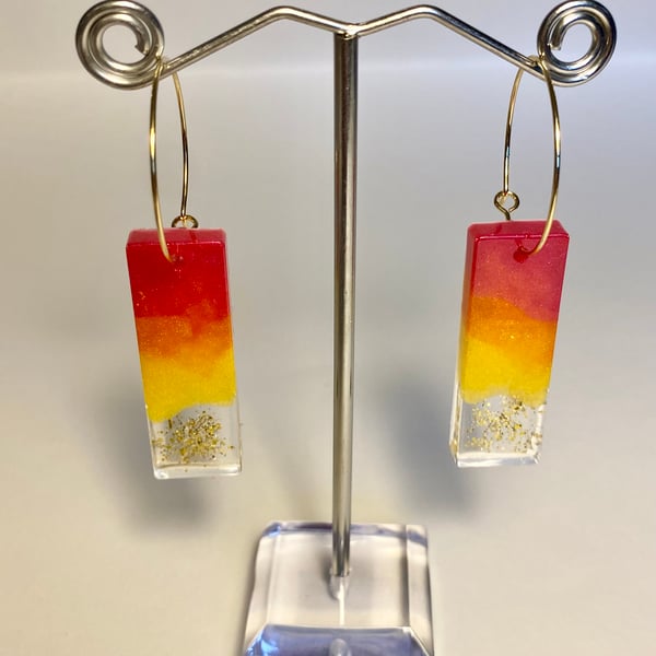 Handmade sunset resin and gold glitter rectangle hoop earrings