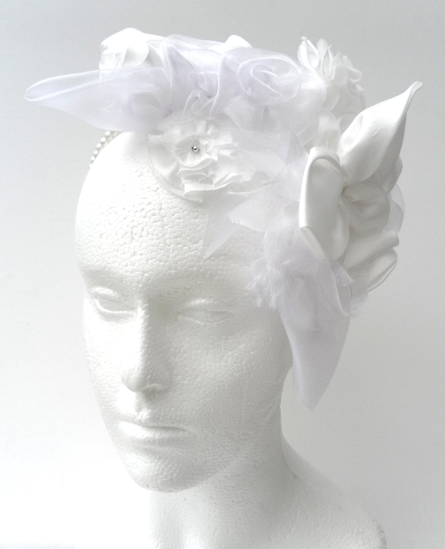 White Fascinator on Pearl Bead  Headband , Bride, Bridesmaid, Wedding 