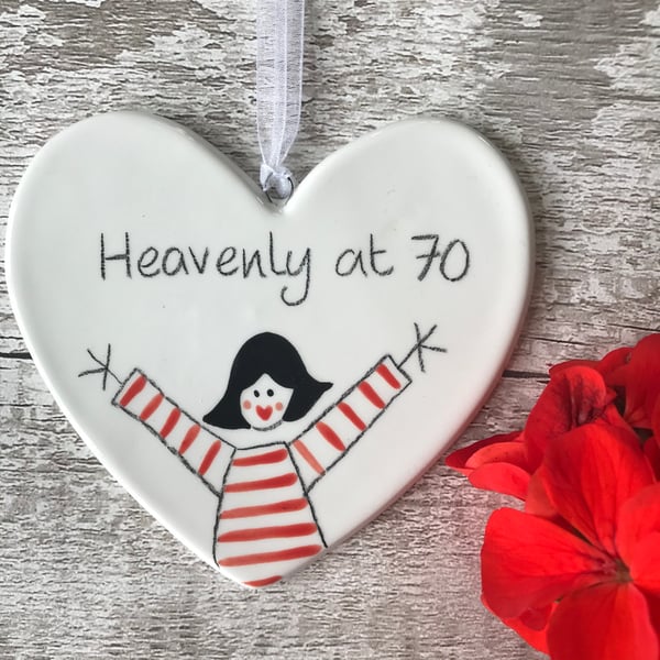 Heavenly at 70 - Hand Painted Ceramic Heart