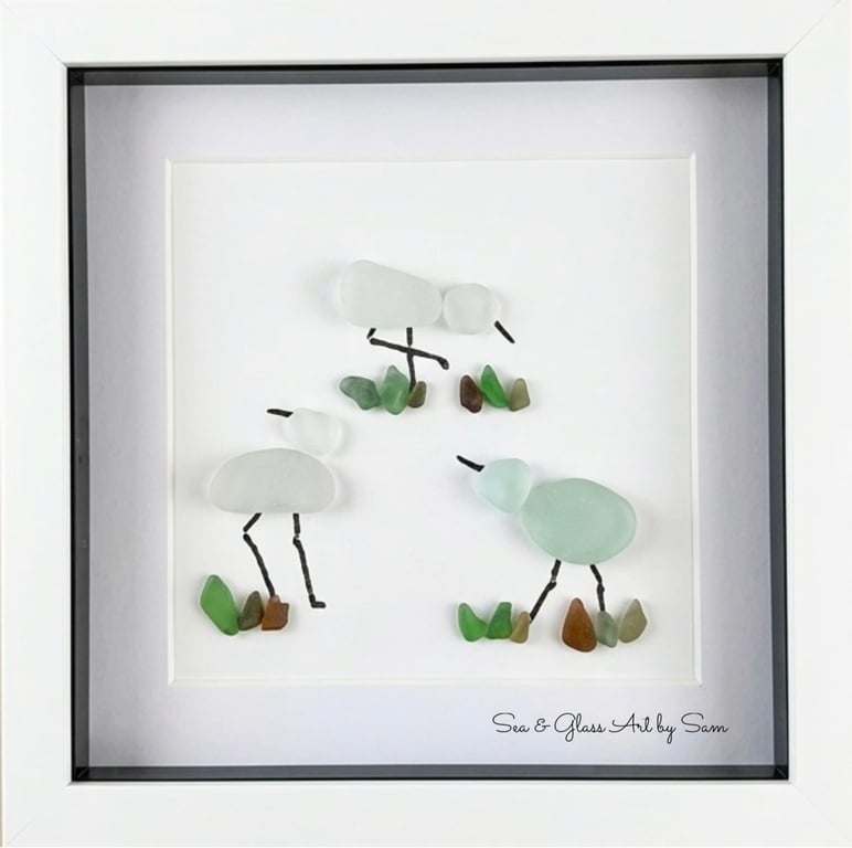 Handmade Sea Glass Coastal Wading Birds Picture - Framed 8x8 Shoreline Seagull &
