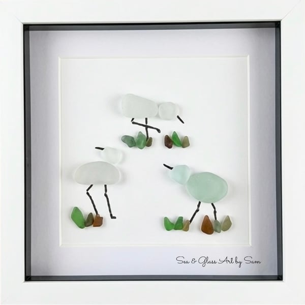 Handmade Sea Glass Coastal Wading Birds Picture - Framed 8x8 Shoreline Seagull &
