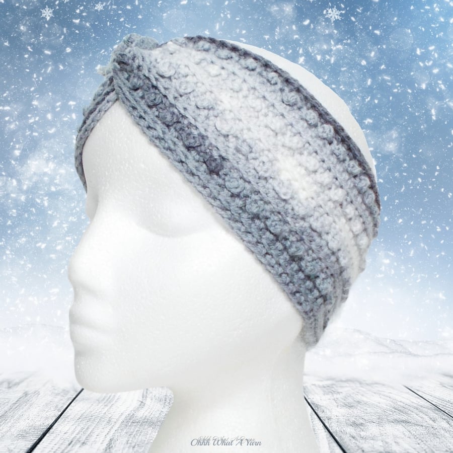 Crochet headband, ear warmer. Grey and white crochet ear warmer. Grey headband.
