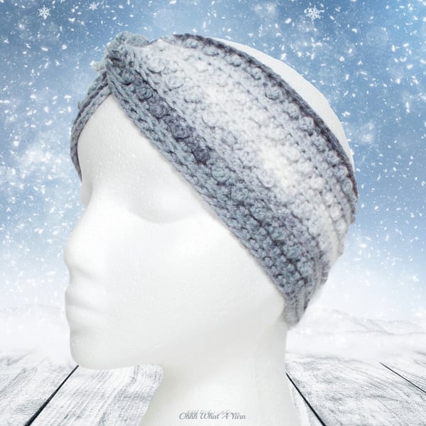 Crochet headband, ear warmer. Grey and white crochet ear warmer. Grey headband.