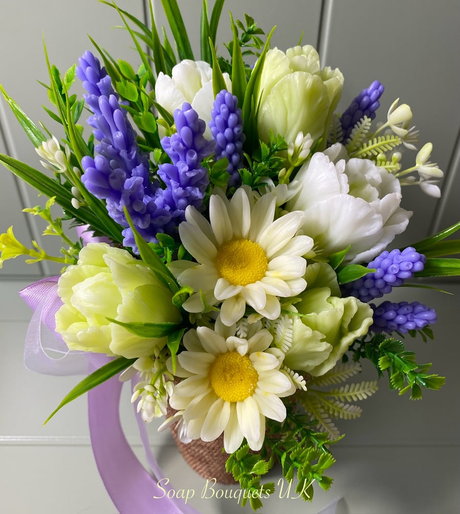 Soap Flowers: Bouquet of Tulips, Daisies, Lavender.  Unique Spa Gift for Her