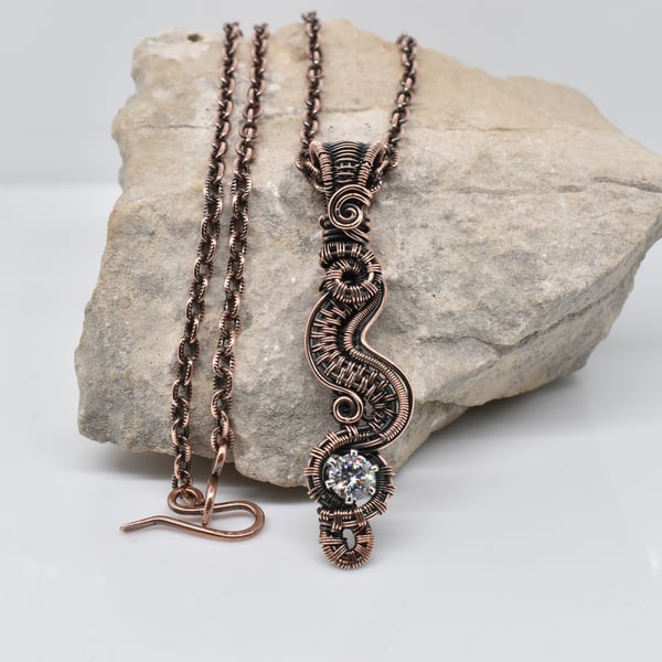 Cubic Zirconia and Copper Wire Woven Pendant