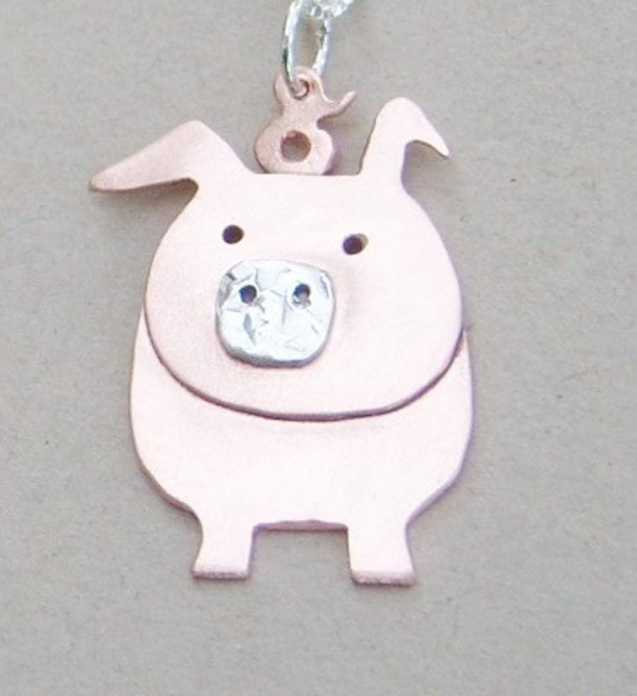 Pig pendant in copper & sterling silver