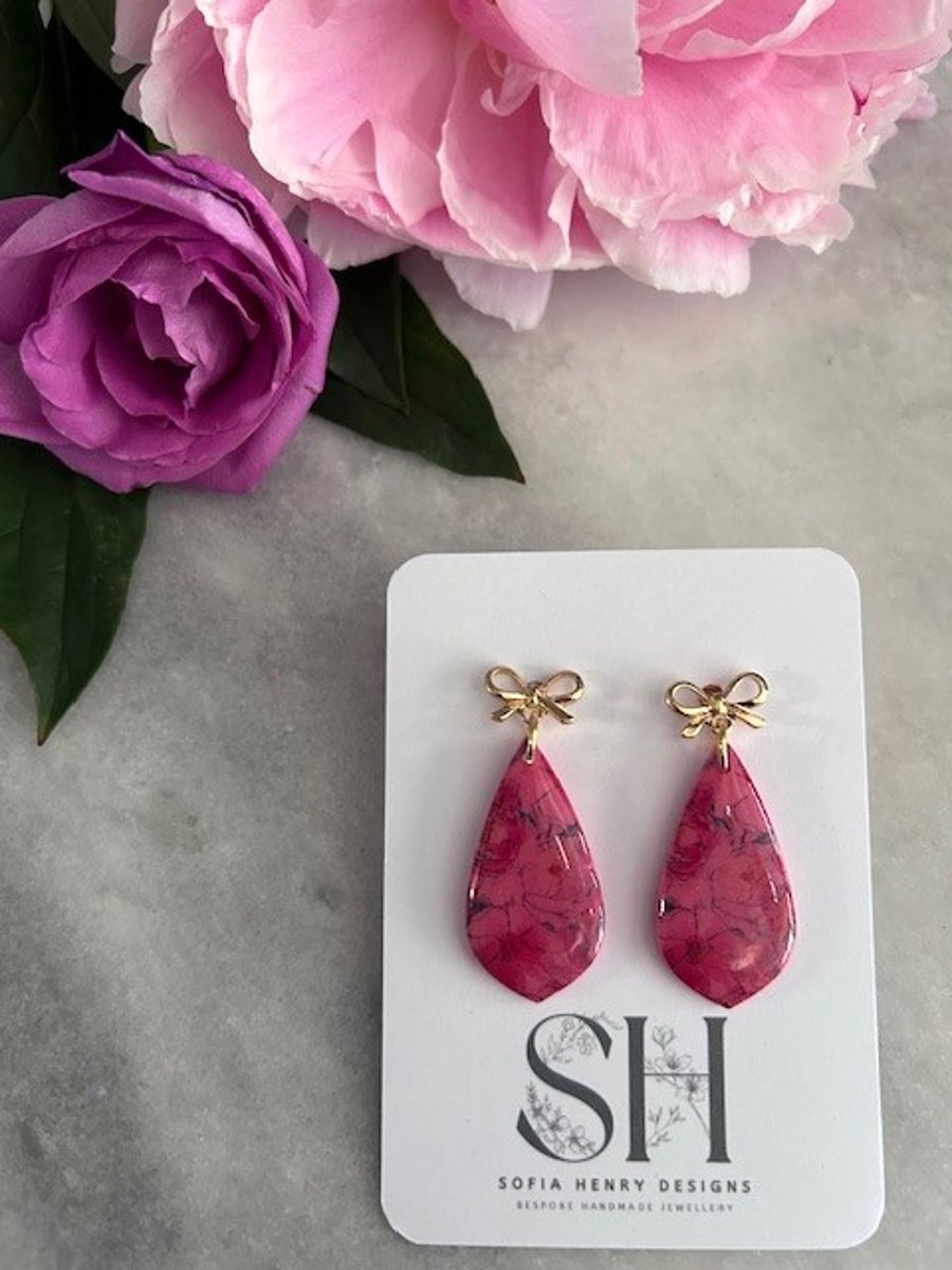 Pink Floral Print Handmade Polymer Clay Dangle Earrings Hypoallergenic Bow Studs