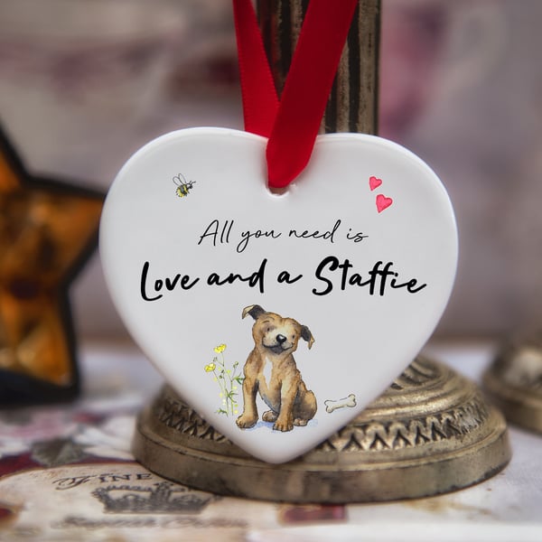 Love and a Staffie Ceramic Heart