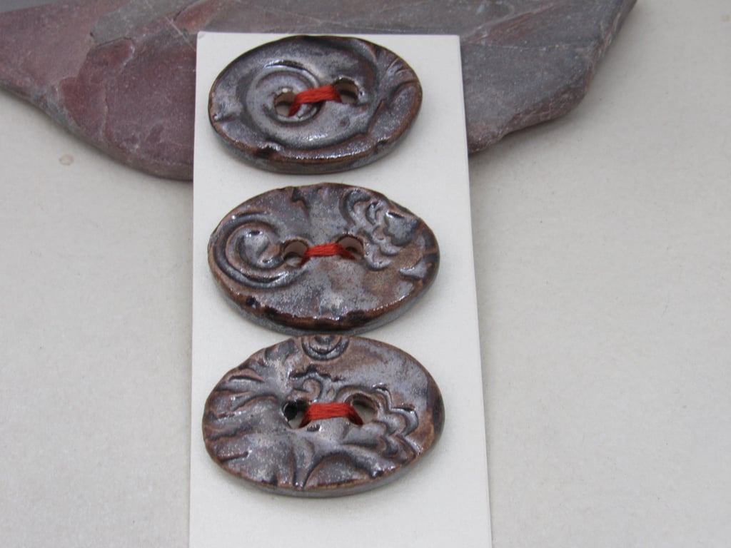 3 Medium Oval Bronze Brocade Pattern Ceramic Buttons