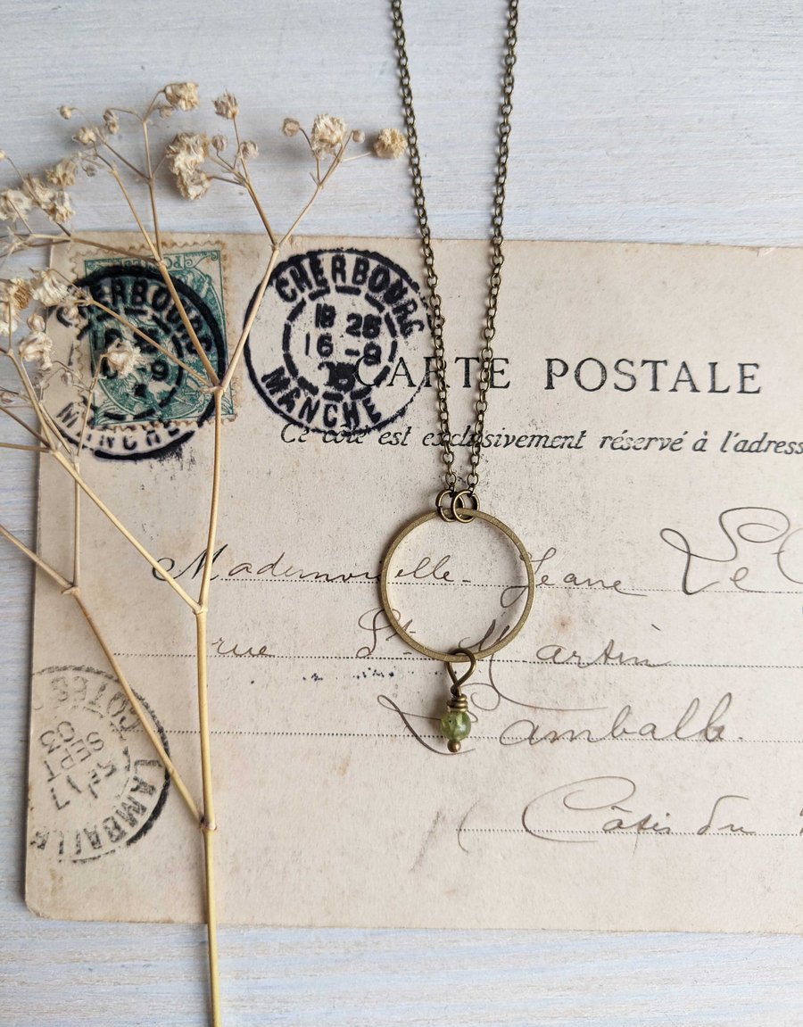 Golden Hoop with Peridot necklace - green gem and brass - August jewellery 