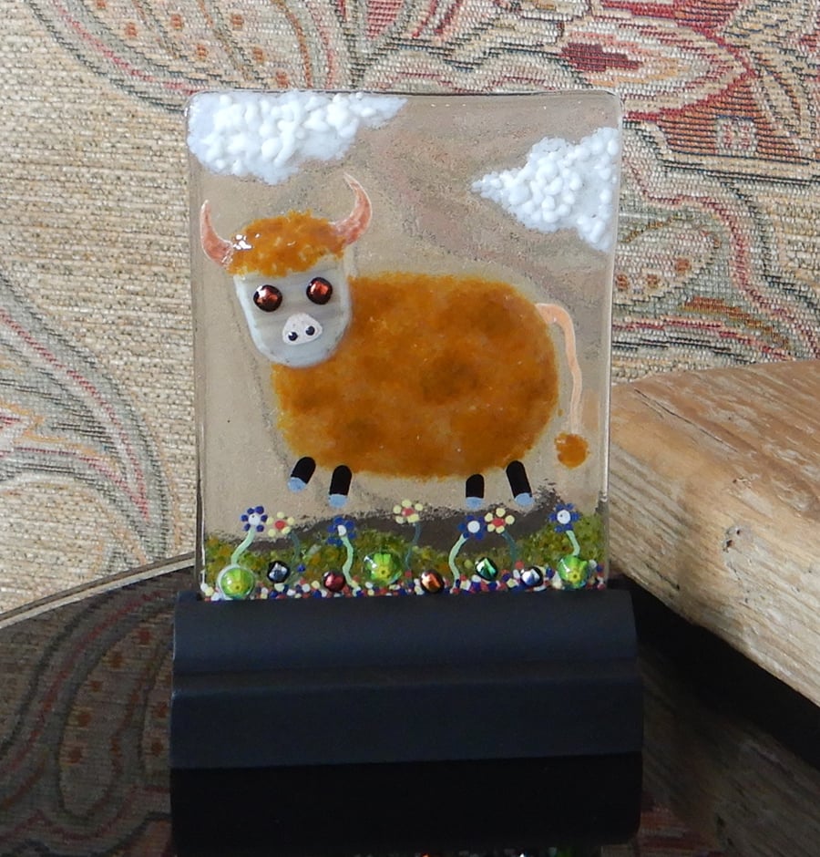 UNIQUE: Handmade Fused Glass 'HIGHLAND COW' Picture.