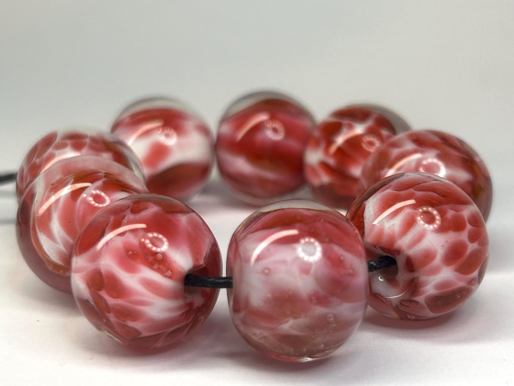 Handmade pink and white patterned lamp work glass beads
