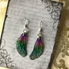 RESERVED FOR ANNA Purple and Green Glitter Sterling Silver Fairy Wing Earrings